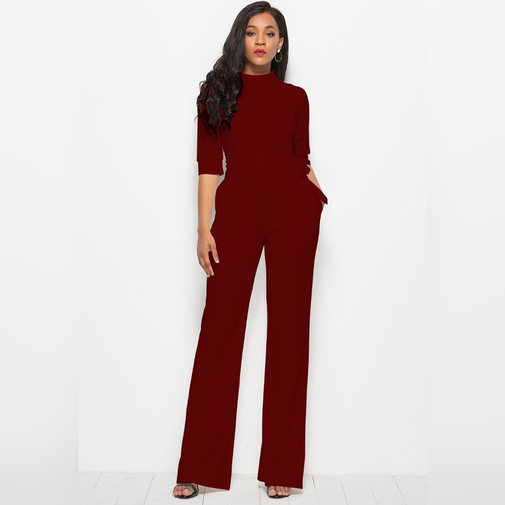Sophisticated Burgundy Mock Neck Jumpsuit with Flattering Tie-Waist